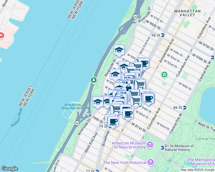 map of restaurants, bars, coffee shops, grocery stores, and more near 349 West 84th Street in New York