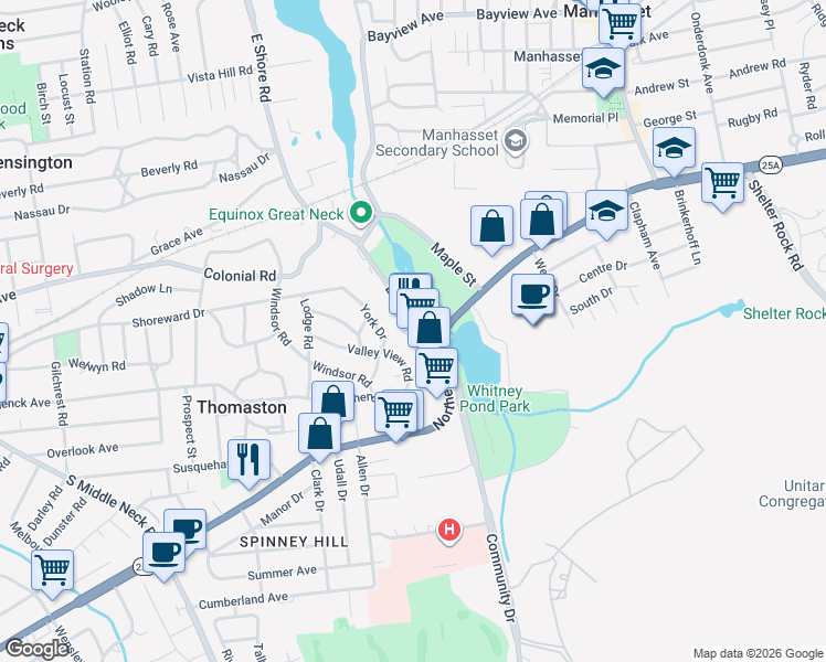 map of restaurants, bars, coffee shops, grocery stores, and more near 21 Shore Drive in Manhasset