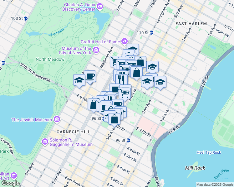 map of restaurants, bars, coffee shops, grocery stores, and more near 171 East 100th Street in New York