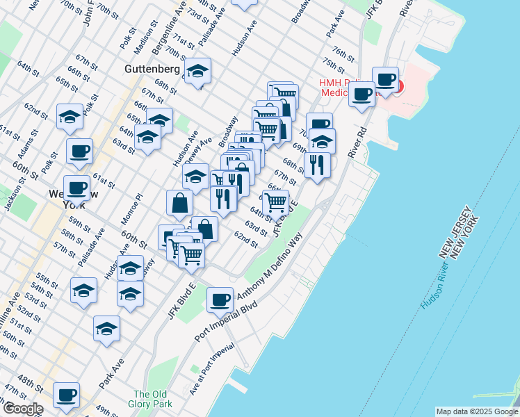 map of restaurants, bars, coffee shops, grocery stores, and more near 6401 Boulevard East in West New York
