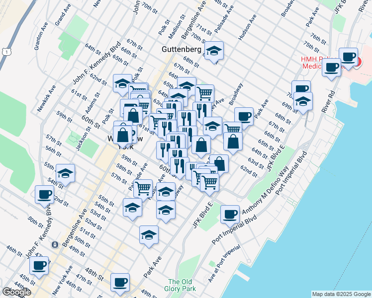 map of restaurants, bars, coffee shops, grocery stores, and more near 6032 Hudson Avenue in West New York