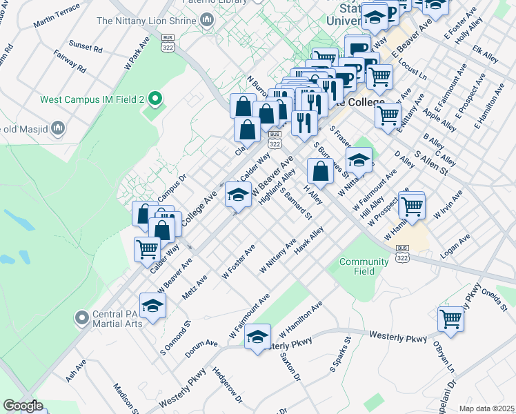 map of restaurants, bars, coffee shops, grocery stores, and more near 218 South Gill Street in State College