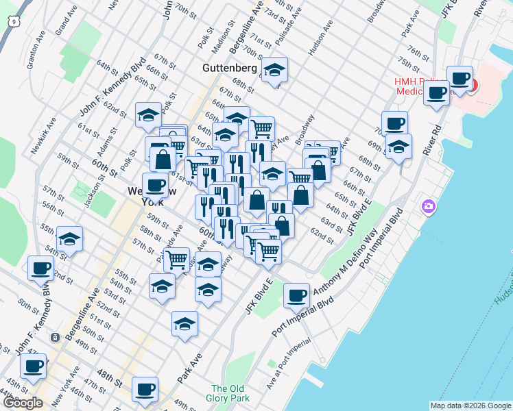 map of restaurants, bars, coffee shops, grocery stores, and more near 6119 Broadway in West New York