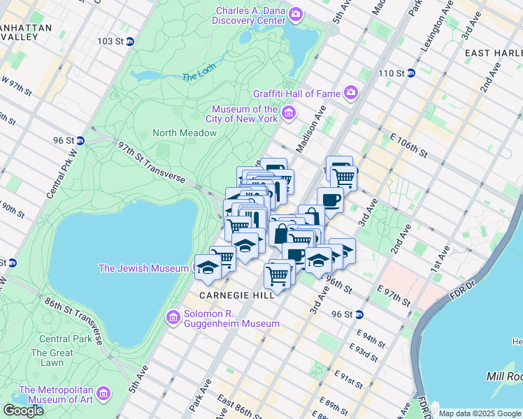 map of restaurants, bars, coffee shops, grocery stores, and more near 1412 Madison Avenue in New York
