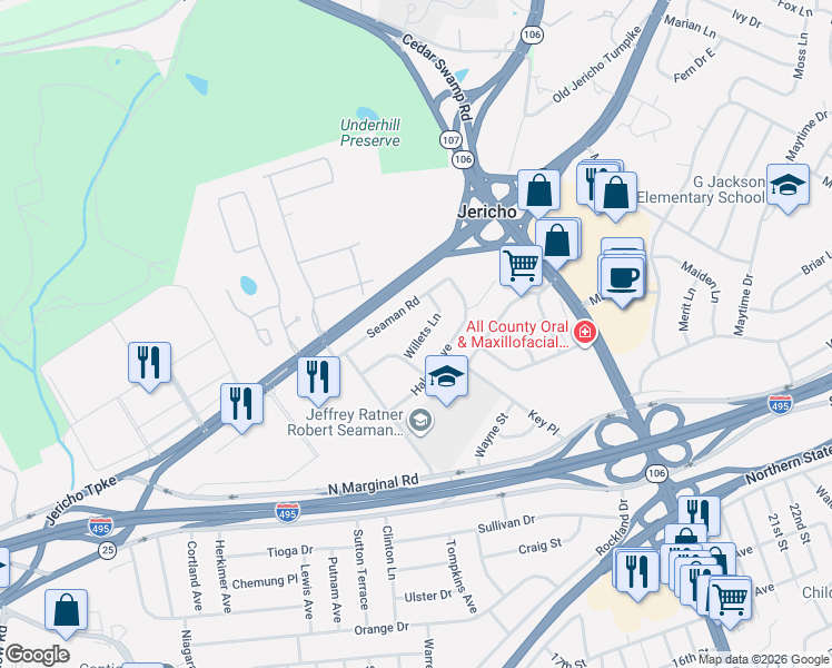 map of restaurants, bars, coffee shops, grocery stores, and more near 206 Willets Lane in Jericho
