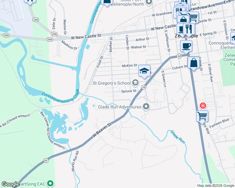 map of restaurants, bars, coffee shops, grocery stores, and more near 602 Market Street in Zelienople
