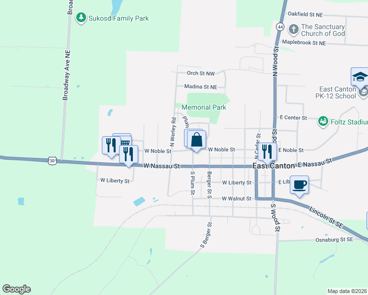map of restaurants, bars, coffee shops, grocery stores, and more near 440 Noble West in East Canton