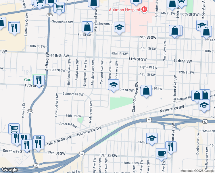 map of restaurants, bars, coffee shops, grocery stores, and more near 1255 Wertz Avenue Southwest in Canton