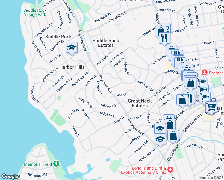 map of restaurants, bars, coffee shops, grocery stores, and more near 70 Bayview Avenue in Great Neck