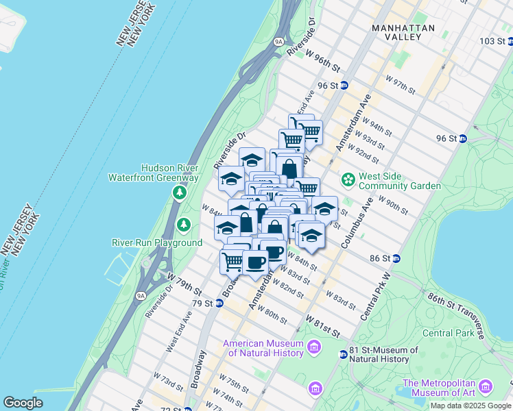 map of restaurants, bars, coffee shops, grocery stores, and more near 280 West 86th Street in New York