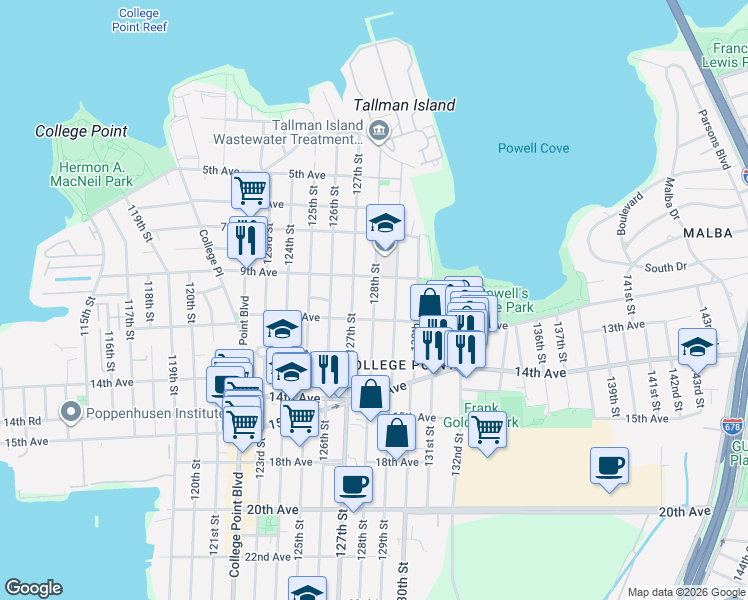 map of restaurants, bars, coffee shops, grocery stores, and more near 127-05 11th Avenue in Queens
