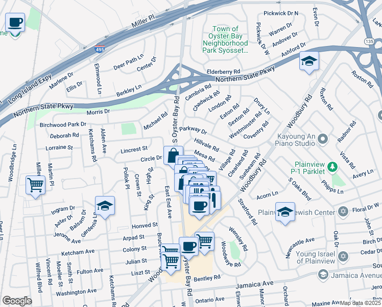 map of restaurants, bars, coffee shops, grocery stores, and more near 42 Market Drive in Syosset