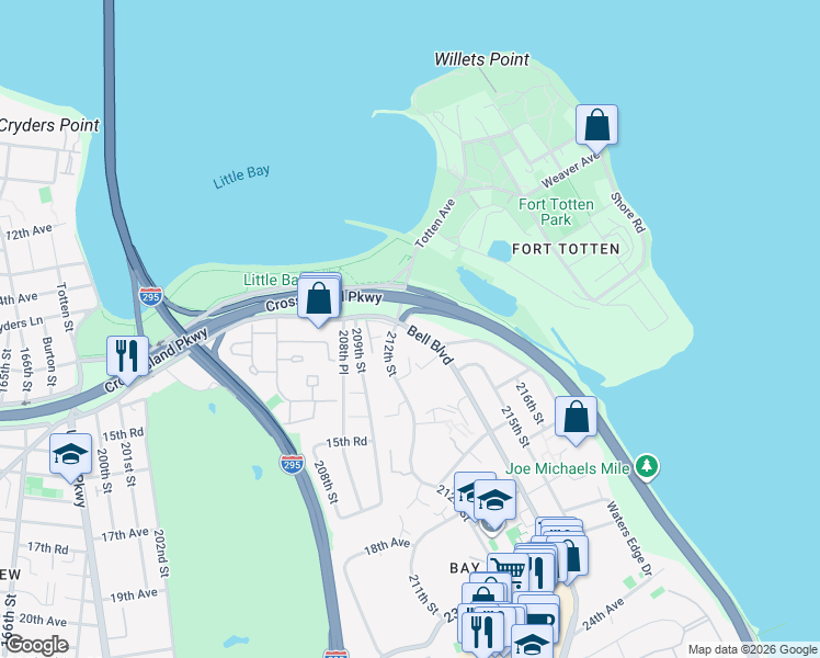 map of restaurants, bars, coffee shops, grocery stores, and more near 13-15 212th Street in Queens