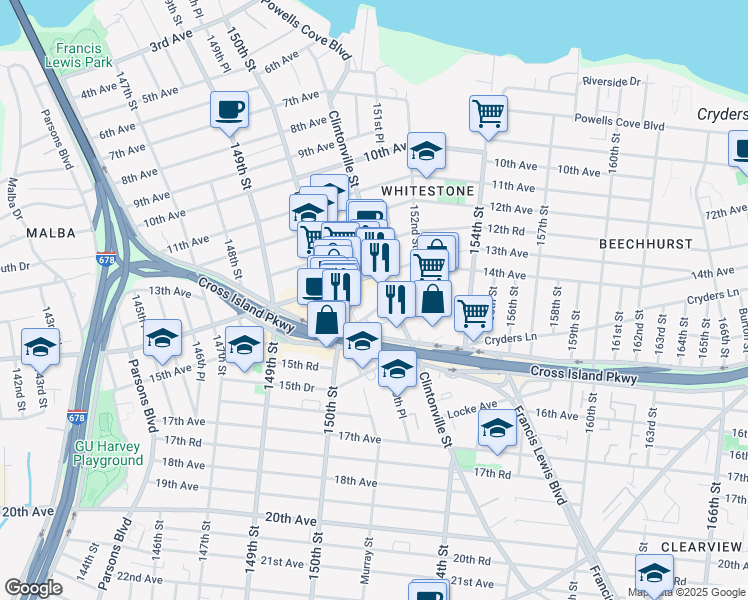 map of restaurants, bars, coffee shops, grocery stores, and more near 150-39 14th Road in Queens