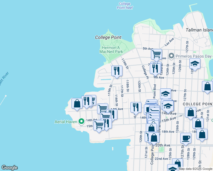 map of restaurants, bars, coffee shops, grocery stores, and more near 10-25 115th Street in Queens