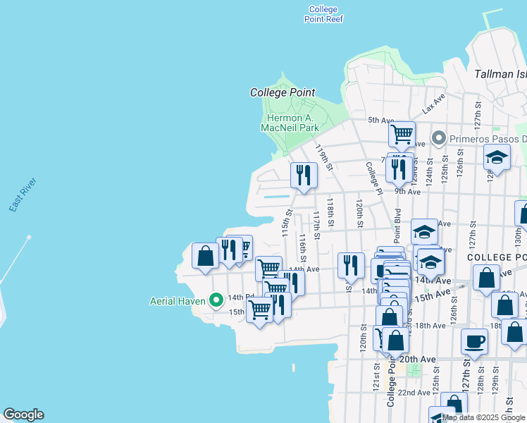 map of restaurants, bars, coffee shops, grocery stores, and more near 11444 115th Street in Queens