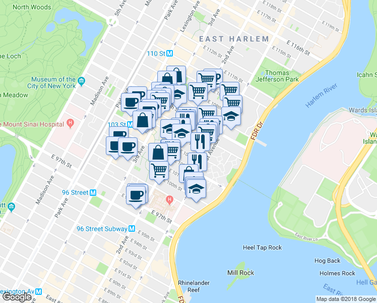 map of restaurants, bars, coffee shops, grocery stores, and more near 12 East 103rd Street in New York