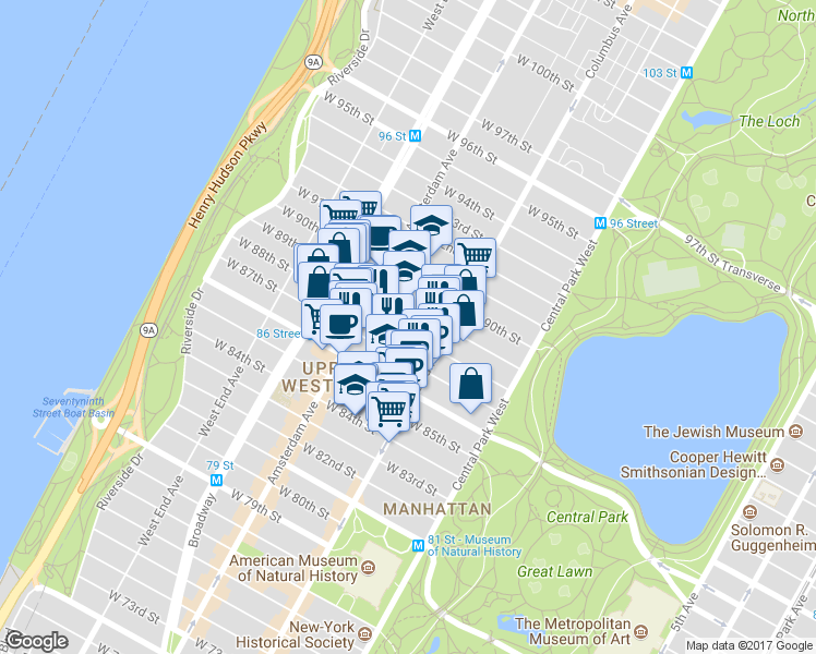 map of restaurants, bars, coffee shops, grocery stores, and more near 136 West 88th Street in New York