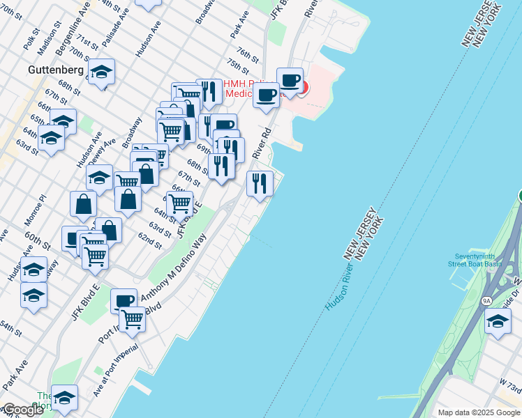 map of restaurants, bars, coffee shops, grocery stores, and more near 1 Lydia Drive in West New York