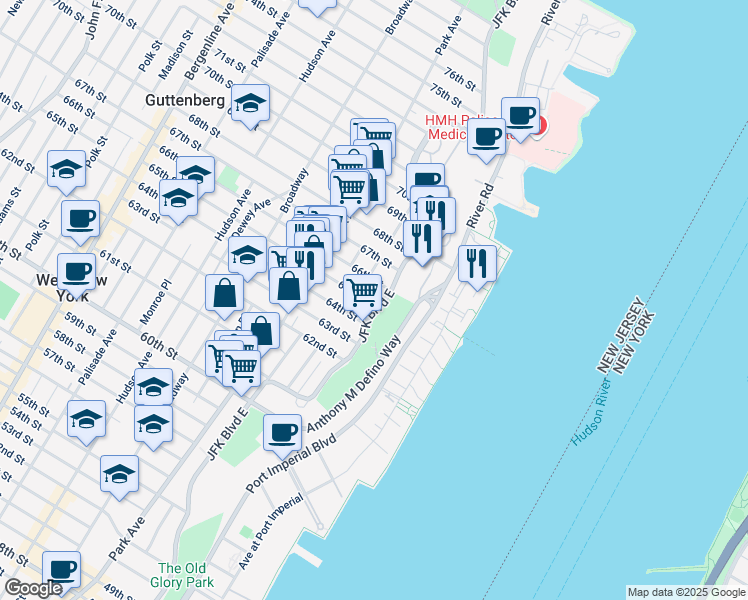 map of restaurants, bars, coffee shops, grocery stores, and more near 6400 River Road in West New York