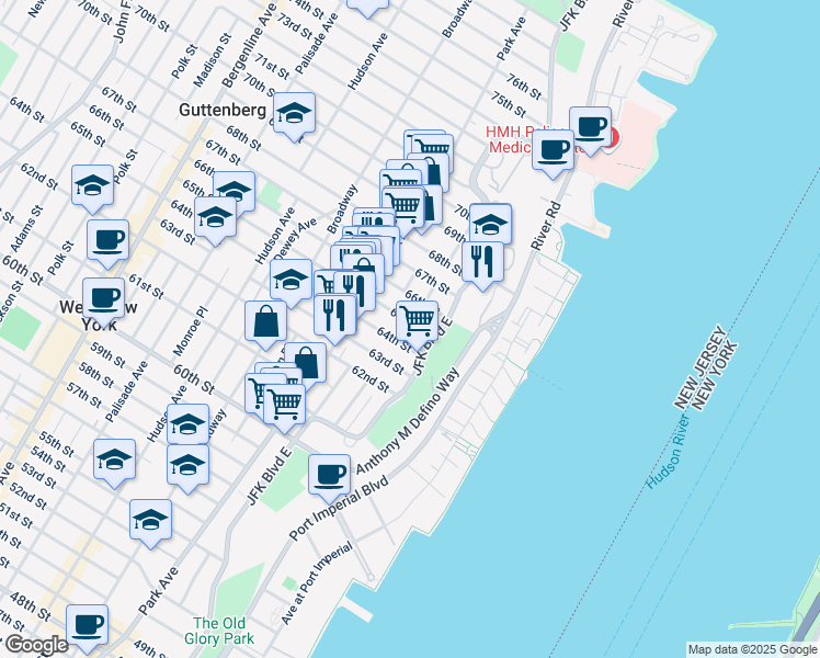 map of restaurants, bars, coffee shops, grocery stores, and more near 6401 Boulevard East in West New York