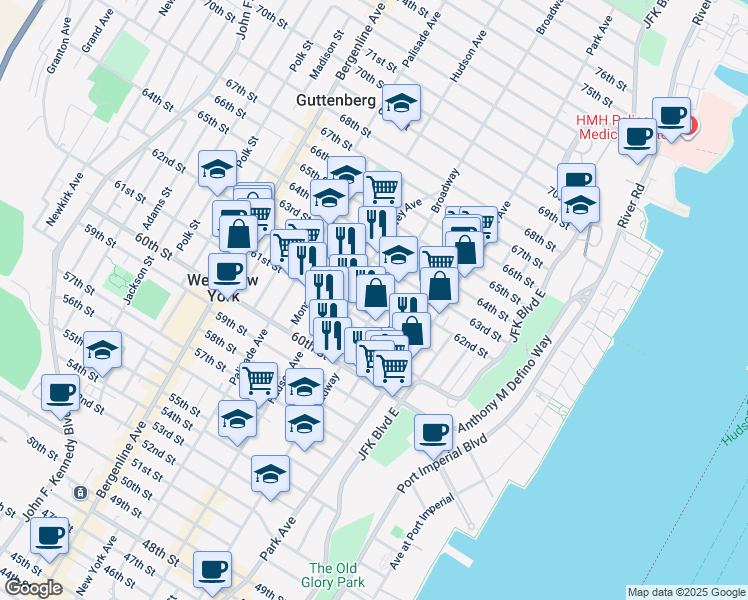 map of restaurants, bars, coffee shops, grocery stores, and more near in West New York