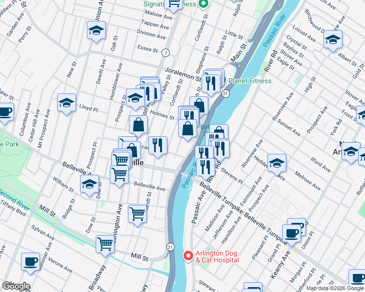 map of restaurants, bars, coffee shops, grocery stores, and more near 223 Main Street in Belleville