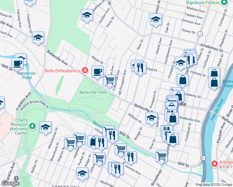 map of restaurants, bars, coffee shops, grocery stores, and more near 57 Parkside Drive in Belleville