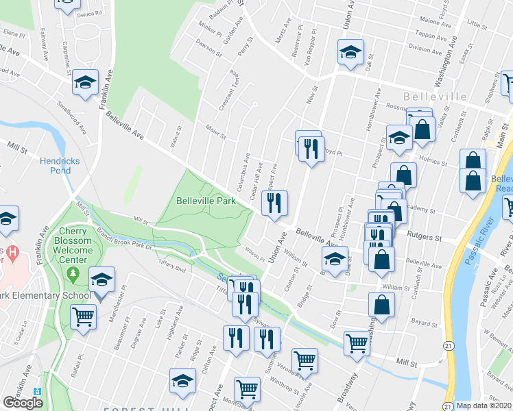map of restaurants, bars, coffee shops, grocery stores, and more near 57 Parkside Drive in Belleville