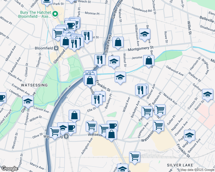 map of restaurants, bars, coffee shops, grocery stores, and more near 258 Franklin Street in Bloomfield