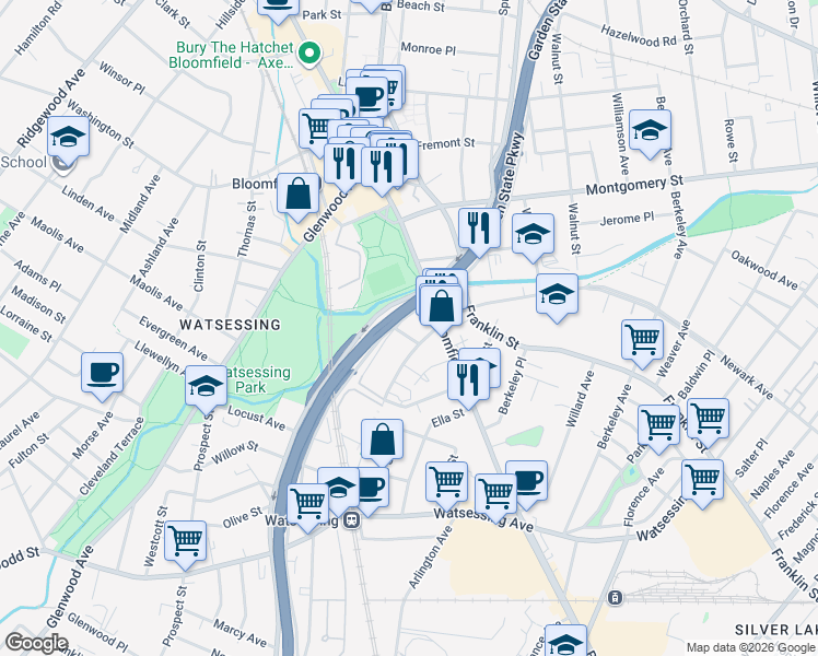 map of restaurants, bars, coffee shops, grocery stores, and more near 150 Orange Street in Bloomfield