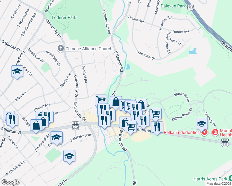 map of restaurants, bars, coffee shops, grocery stores, and more near 100-476 East Branch Road in State College