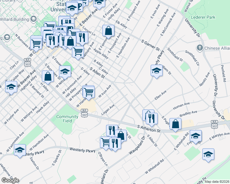 map of restaurants, bars, coffee shops, grocery stores, and more near 129 Crestmont Avenue in State College