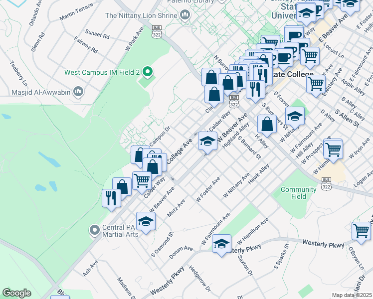map of restaurants, bars, coffee shops, grocery stores, and more near 742 West College Avenue in State College