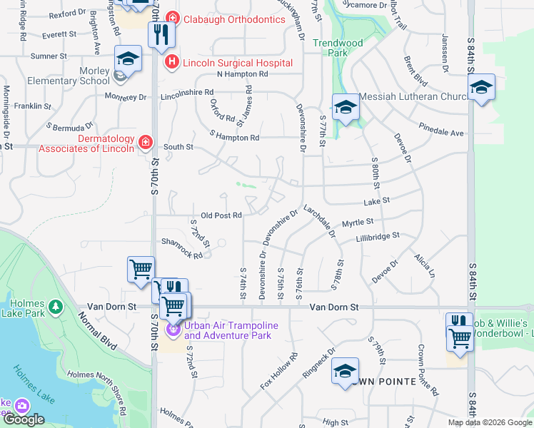 map of restaurants, bars, coffee shops, grocery stores, and more near 2315 Devonshire Drive in Lincoln