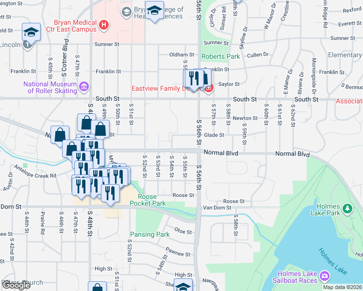 map of restaurants, bars, coffee shops, grocery stores, and more near 5501 Normal Boulevard in Lincoln