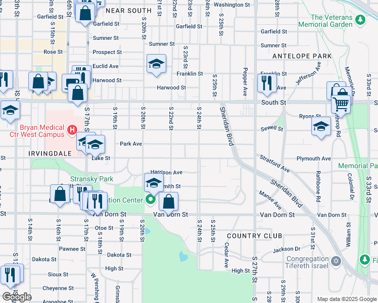 map of restaurants, bars, coffee shops, grocery stores, and more near 2235 Lake Street in Lincoln