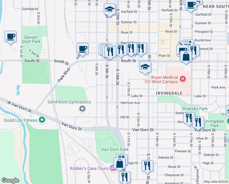map of restaurants, bars, coffee shops, grocery stores, and more near 2510 South 9th Street in Lincoln