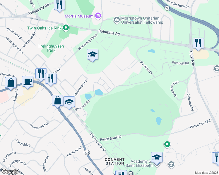 map of restaurants, bars, coffee shops, grocery stores, and more near Clark Place in Morris Township