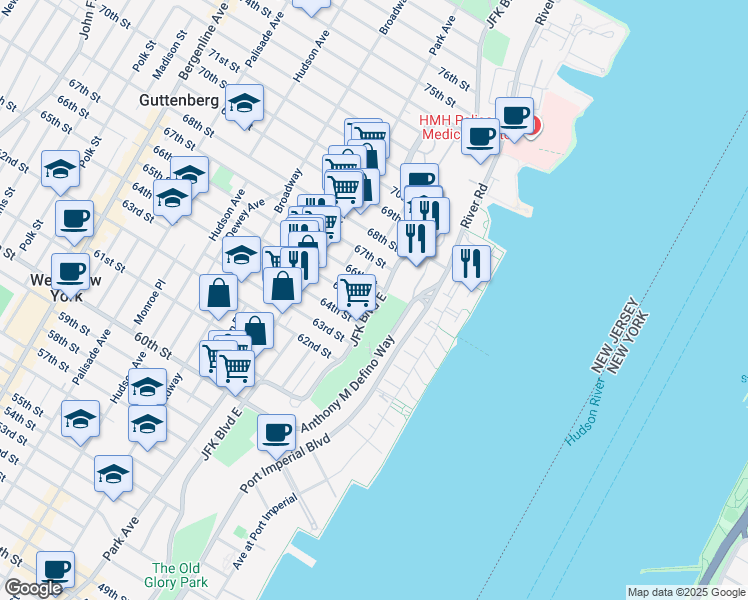 map of restaurants, bars, coffee shops, grocery stores, and more near 6400 River Road in West New York