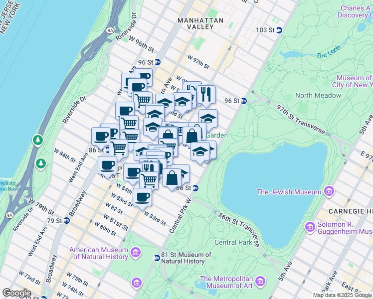 map of restaurants, bars, coffee shops, grocery stores, and more near 48 West 90th Street in New York