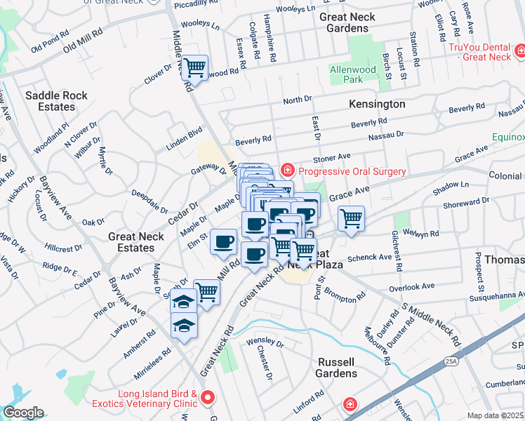 map of restaurants, bars, coffee shops, grocery stores, and more near 58 Middle Neck Road in Great Neck