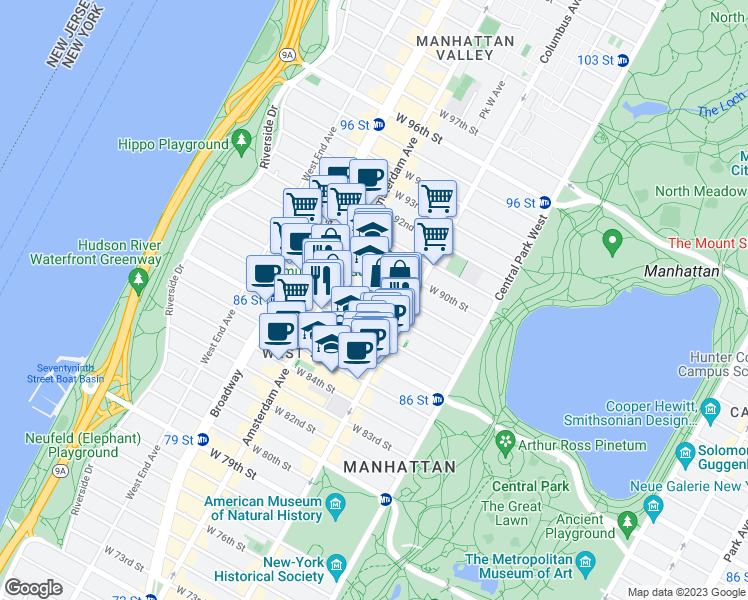 map of restaurants, bars, coffee shops, grocery stores, and more near 136 West 88th Street in New York