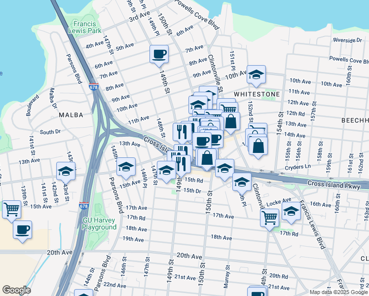 map of restaurants, bars, coffee shops, grocery stores, and more near 14824 Cross Island Parkway in Queens