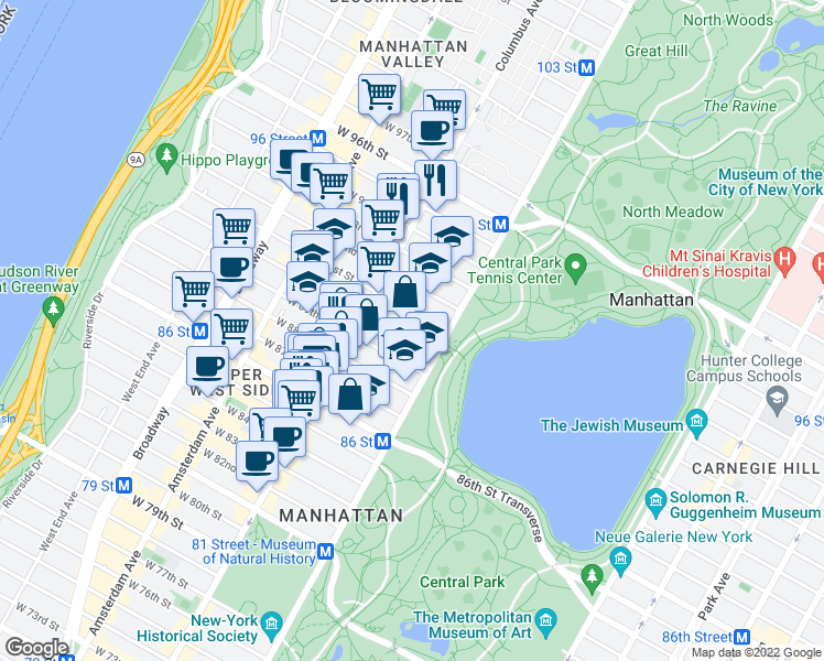 map of restaurants, bars, coffee shops, grocery stores, and more near 27 West 90th Street in New York