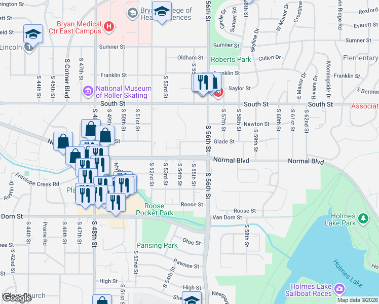 map of restaurants, bars, coffee shops, grocery stores, and more near 5501 Normal Boulevard in Lincoln