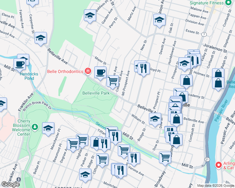 map of restaurants, bars, coffee shops, grocery stores, and more near 57 Parkside Drive in Belleville