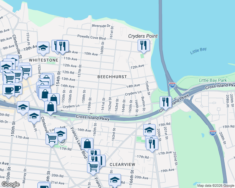 map of restaurants, bars, coffee shops, grocery stores, and more near 162-06 Cryders Lane in Queens