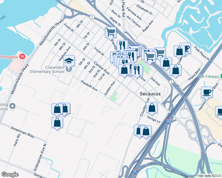 map of restaurants, bars, coffee shops, grocery stores, and more near 717 Irving Place in Secaucus