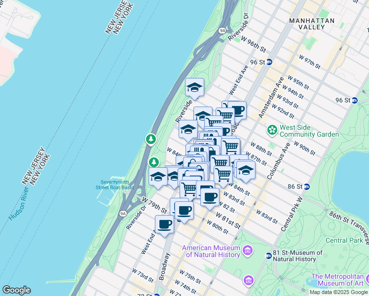 map of restaurants, bars, coffee shops, grocery stores, and more near 330 West 85th Street in New York